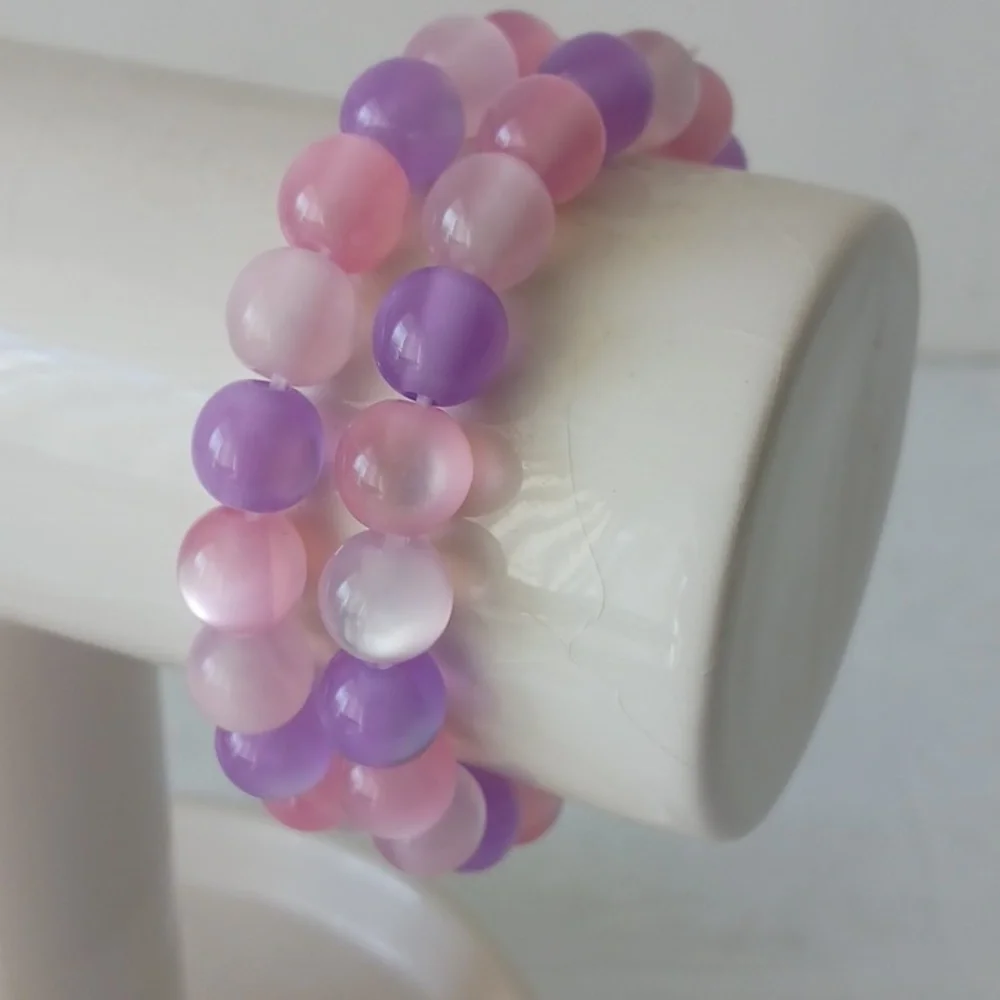 2 Stretch Plastic Beads Bracelets Pink White Purple